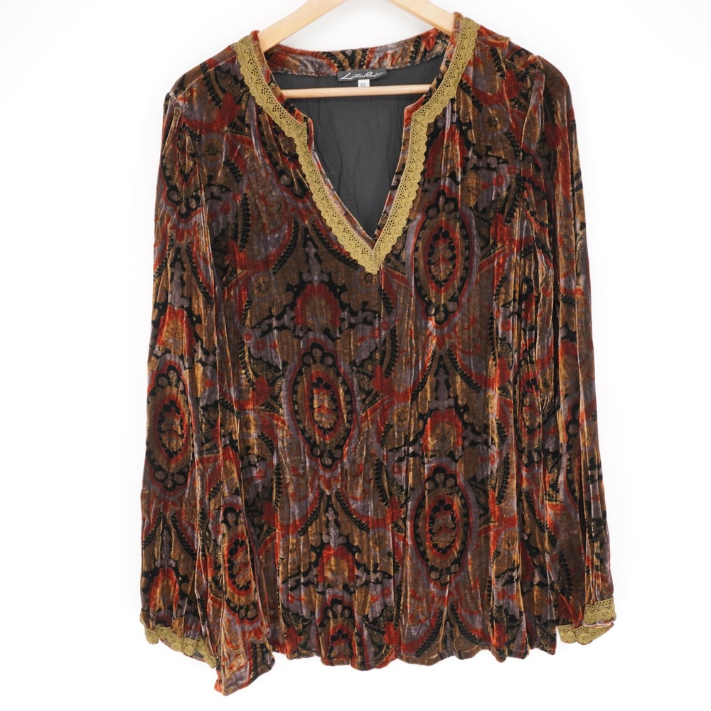 Lillie Rubin Velvet Boho Tunic Top Womens XL Paisley Lace Trim Multicolor